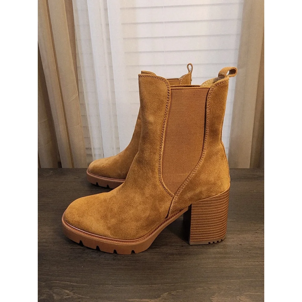 Sam Edelman Suede LEATHER Chelsea Pull On Lug Boots Booties 10.5 M Caramel Brown